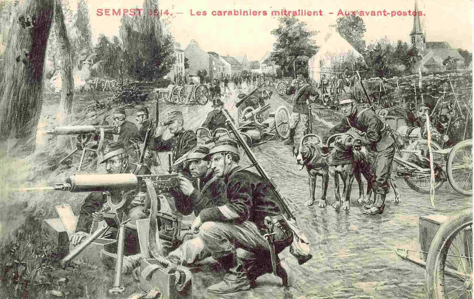Carte postale : "1914 les carabiniers mitraillent aux avant poste" ; derrière les soldats se trouve le pont d'Eppegem et sur la droite on aperçoit l'église - collection particulière