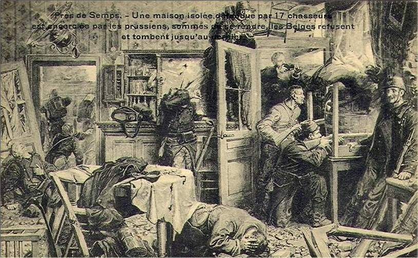 Carte postale : "Près de Semps (Zemst) : une maison isolée défendue par 17 chasseurs est encerclée par les prussiens; sommés de se rendre, les belges refusent et tombent jusqu'au dernier" - collection Yves Moerman.